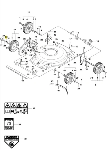 Sprężyna kosiarki WB 53S marki Husqvarna, widoczna z góry, z zamontowanym kółkiem zamachowym. Element metalowy, o cylindrycznej formie, z widocznymi mocowaniami. Tło jasne, eksponujące detale konstrukcyjne. Idealna do naprawy kosiarki ogrodowej.
