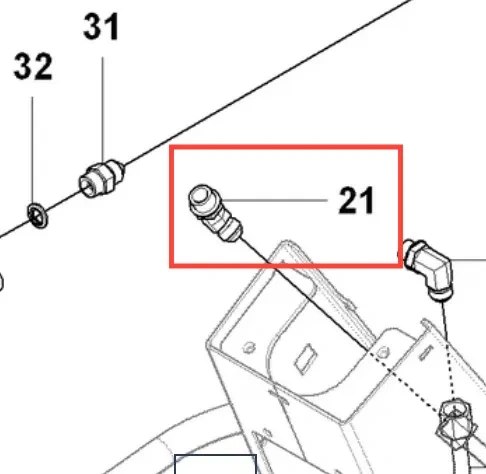 Mocowanie rury ridera R418Ts Husqvarna w formie detalu. Element z widocznych linii i numerycznym oznaczeniem, z zaokrąglonym końcem i niewielkim gwintem. Ujęcie z góry, na tle schematu montażu. Wyraźne kontury, materiał metalowy.