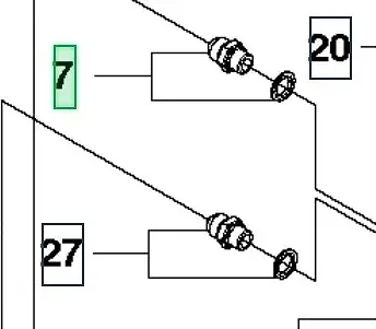 Mocowanie rury ridera R418Ts Husqvarna, widoczne z boku, prezentuje elementy montażowe w schemacie technicznym. Zawiera detale jak numery identyfikacyjne 7 i 27, ukazując klarowne linie i kształty. Tło białe, co podkreśla szczegóły produktu.