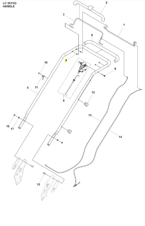 Tuleja kosiarki LC 551VQ Husqvarna, plastikowa, o prostokątnym kształcie, z widocznymi mocowaniami i elementami montażowymi. Ujęcie z góry, z detalami uchwytów po bokach. Dobrze widoczne precyzyjne wymiary oraz oznaczenia na rysunku technicznym.