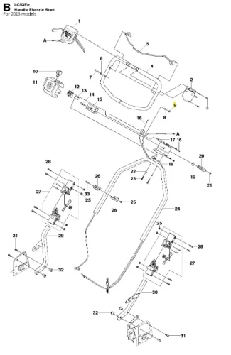 Elementy kosiarki Husqvarna LC 53E widziane z góry: uchwyt, przewody i części mocujące, wykonane z metalu i plastiku na białym tle.