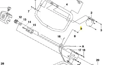 Nakrętka korka kosiarki LC 53E Husqvarna; metalowa, okrągła, zewnętrzna gwintowana; umieszczona w górnej części schematu montażu; widoczna etykieta z numerem 9. Element do przykręcenia różnych części w kosiarkach.