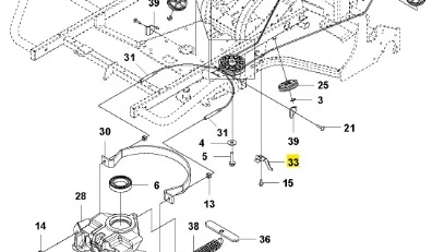 Prowadnica linki ridera RC318T Husqvarna, prezentująca mechanizm z widocznymi elementami montażowymi. Ułożona w płaskim układzie, z zaznaczonym numerem 33. Grafika w technicznym stylu, na białym tle, skupiająca się na detalach komponentów.