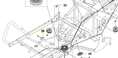 Wspornik ridera RC318T Husqvarna z silnikiem centralnym, oznaczonymi mocowaniami i prowadnicami. Metalowe wykończenie, prosty schemat techniczny na białym tle.