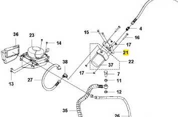 Wspornik ridera RC320T Husqvarna, metalowy element montażowy, widoczny w zespole z innymi komponentami. Ujęcie z przodu, pokazujące detale mocowania. Tło neutralne, umożliwiające łatwe rozpoznanie części w kontekście schematu.