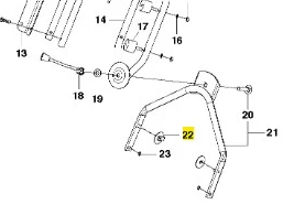 Kółko regulacyjne do kosiarki Husqvarna WB 53S, metalowa konstrukcja w kształcie litery U, z miejscami na mocowania. Widoczne śruby i otwory montażowe. Detal w zbliżeniu, przedstawiający elementy konstrukcyjne bez tła.