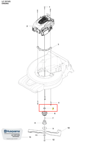 Tuleja kosiarki LC 551VQ Husqvarna, metalowa, okrągła, srebrna. Widok z góry z detalami mocowania, płaska, zamontowana, na tle schematu montażowego sprzętu ogrodowego, z oznaczeniami i logo Husqvarna.