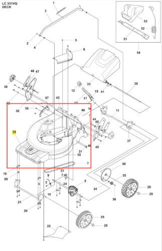 Podwozie kosiarki LC 551VQ Husqvarna w kolorze metaliczno-szarym, widok z góry. Elementy montażowe i kółka są widoczne, z oznaczeniem numerów części. Prosta kompozycja na białym tle, ukazująca szczegóły konstrukcyjne i mocowania.