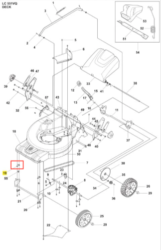 Podpórka kosiarki LC 551VQ Husqvarna w kolorze metalicznym, z prostokątnym kształtem. Ujęcie z boku, ukazujące mocowanie i elementy konstrukcyjne. Widoczne logo Husqvarna. Element nowy, bez dodatkowych akcesoriów. Tło proste, białe.