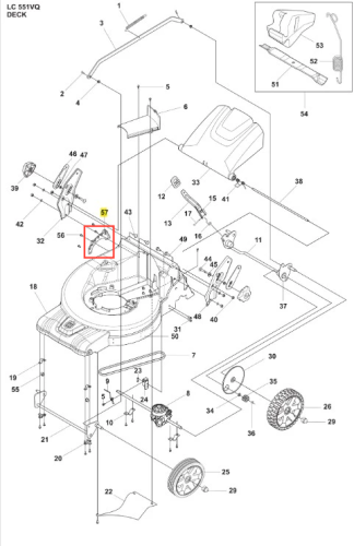 Regulator wysokości kosiarki LC 551VQ Husqvarna, czarny, widok z góry. Montowany na pokrywie silnika, z otworami i numerem części. W zestawie śruby mocujące.