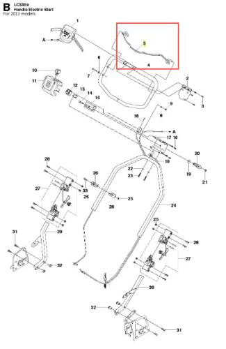 Schemat części kosiarki Husqvarna LC 53E z uchwytem i elektrycznym napędem. Detale i numery widoczne wyraźnie na prostym tle skupiającym uwagę na elementach technicznych.