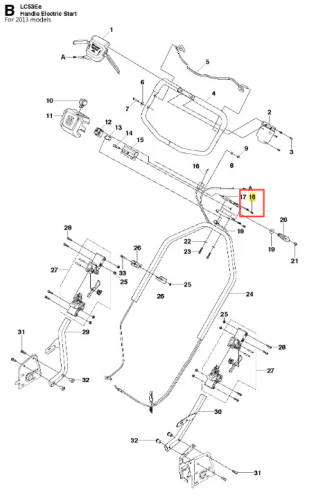 Przewód kosiarki LC 53E Husqvarna, metalowy, w kształcie prostokąta, widoczny z boku w układzie złożonym. Na przewodzie umieszczono widoczne oznaczenia oraz elementy montażowe. Tło proste, białe, podkreślające detal.