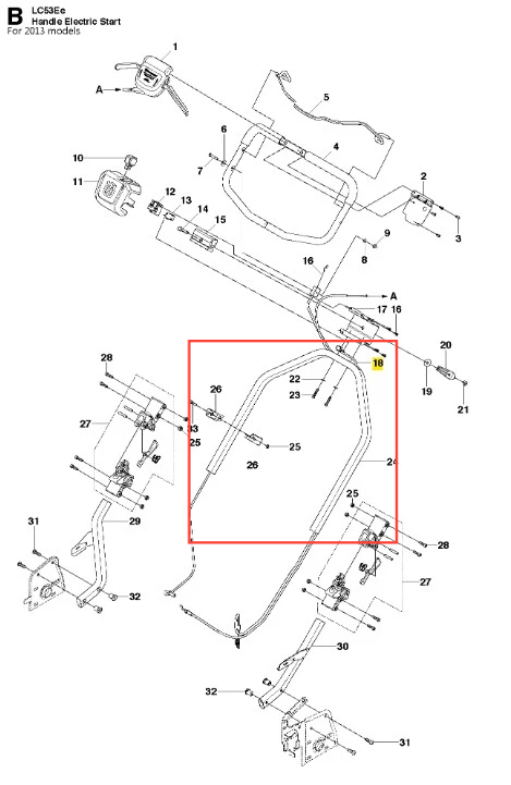 Kabel elektryczny kosiarki LC 53E Husqvarna. Złożony, elastyczny przewód z jednej strony zakończony wtyczką, ułożony w kształt łuku, widoczny detal mocowania. Kolor czarny, na białym tle. W tle schemat części kosiarki.