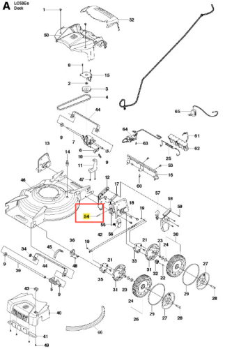 Długopis kosiarki LC 53E Husqvarna, czarny, metalowy korpus, ergonomiczny uchwyt, detal miejsca mocowania, widok z boku na jednolitym tle.