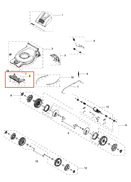 Osłona kosiarki LC 142iS Husqvarna, szara, prostokątna, do montażu z przodu, z białą linią oznaczającą mocowania. Nowa, bez akcesoriów.