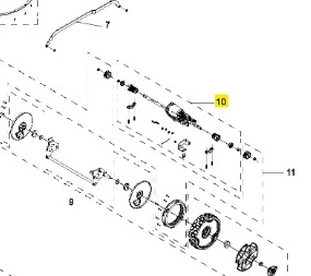 Zestaw przekładni do kosiarki LC 142iS Husqvarna, widok z boku. Elementy układu, w tym zębatki, wałek i mocowania, prezentowane w formie rysunku technicznego z numeracją. Użyte materiały metalowe. Tło białe, prostokątne fragmenty schematu.