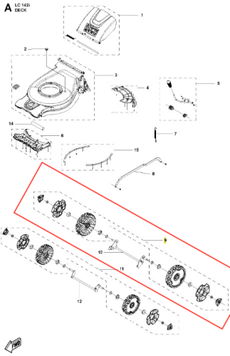 Koło kosiarki LC 142i Husqvarna na białym tle, pokazujące wirniki, osłony i mocowania w szczegółowym rysunku technicznym.