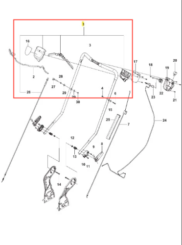 Uchwyt kosiarki LC 353VE Husqvarna, srebrny, metalowy, prostokątny. Widoczne mocowania, detale i oznaczenia na elementach, ukazujące połączenia komponentów z boku.
