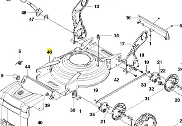 Podwozie kosiarki Husqvarna LC 348VI, widok z góry. Czarna i szara metalowa konstrukcja z otworami montażowymi i numeracją części.