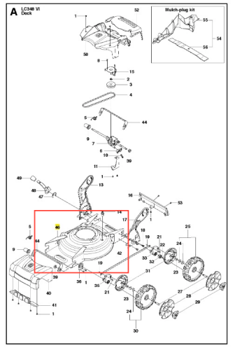 Podwozie kosiarki LC 348VI Husqvarna, widoczne z boku, w kolorze szarym, z wyraźnymi detalami mechanicznymi. Znajdują się na nim otwory na mocowania i elementy do montażu, a także nazwa modelu. Brak dodatkowych akcesoriów.