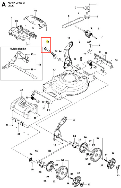 Pokrętło kosiarki LC 353VI Husqvarna, metalowe, w okrągłym kształcie, z wyraźnym oznaczeniem. Ujęcie frontalne, ukazuje element w kontekście montażu. Znajduje się na jasnym tle, akcesorium w stanie nowym.