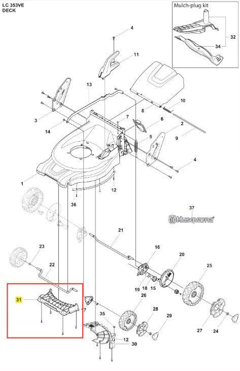 Czarna osłona do kosiarki LC 353VE Husqvarna z tworzywa sztucznego, leżąca na płasko. Widoczne mocowania i oznaczenia. Solidna konstrukcja chroniąca przed uszkodzeniami mechanicznymi.