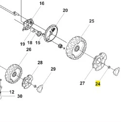 Nakrętka kosiarki LC 353VE Husqvarna; metalowa, okrągła z ząbkowanym brzegiem; widoczny numer części; pokazana w układzie na schemacie technicznym. Element zamontowany na osiach z innymi komponentami. Tło białe, z detalami schematu.