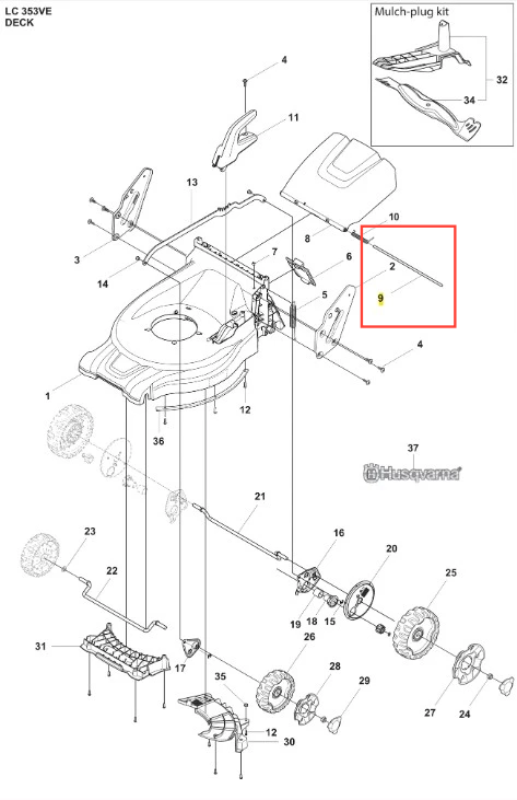 Metalowa oś kosiarki LC 353VE Husqvarna, prostokątna z gwintem na obu końcach, widoczna z boku w rozmontowanym układzie, podkreślająca funkcjonalność mechanizmu.