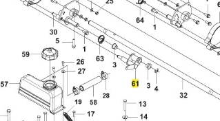 Metalowy wspornik ridera RC318T Husqvarna, prostokątny, gładki z precyzyjnymi otworami montażowymi. Oznaczony żółtą liczbą 61, widoczny na schematycznym rysunku elementów układu technicznego.