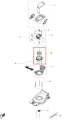 Schemat silnika kosiarki Husqvarna LC 142iS z cylindrycznym korpusem, mocowaniami i elementami konstrukcyjnymi na tle siatki.