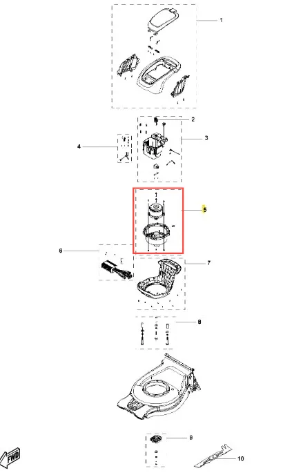 Schemat silnika kosiarki Husqvarna LC 142iS z cylindrycznym korpusem, mocowaniami i elementami konstrukcyjnymi na tle siatki.