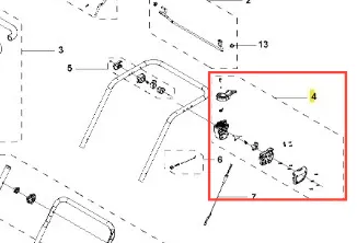 Przełączniki złożenia kosiarki LC 142iS Husqvarna, metalowy mechanizm, przycisk, nakrętki, śruby oraz oznaczenia numeracji ułatwiające identyfikację elementów.