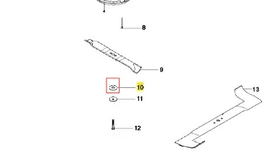 Metalowa, srebrna podkładka do kosiarki LC 53E Husqvarna z okrągłym otworem i gniazdem, z dwiema śrubami i żółtymi oznaczeniami, ułożona na białym tle dla lepszej widoczności.
