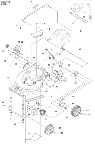 Podpórka kosiarki LC 551VQ Husqvarna, metalowa, w kolorze srebrnym, o prostokątnym kształcie, widoczna w pozycji montowanej z boku. Na zdjęciu zbliżenie na mocowanie i detale konstrukcyjne. Tło jednolite, ułatwiające identyfikację elementu.