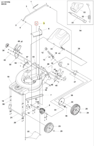 Śruba kosiarki LC 551VQ Husqvarna, metalowa, o cylindrycznym kształcie, widoczna z boku na tle pięcioelementowego schematu, pokazującego komponenty kosiarki, z numerem katalogowym, w kolorze stalowym, z gwintem dla łatwego montażu.