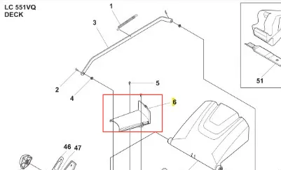 Osłona kosiarki LC 551VQ Husqvarna w kolorze czarnym, zamontowana z boku, o kształcie prostokątnym, z widocznym wycięciem dla łatwego dostępu. Element wykonany z tworzywa sztucznego, prezentowany na białym tle.