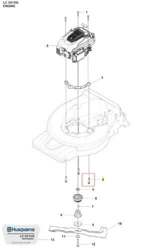 Metalowa śruba mocująca do kosiarki Husqvarna LC 551VQ, cylindryczna, zamontowana przy dolnej części silnika, na jednolitym tle, z oznaczeniami do montażu. Precyzyjny element do naprawy kosiarki.