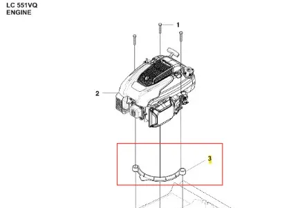 Zapadka kosiarki LC 551VQ Husqvarna, metalowa, w kolorze srebrnym. Widok z góry, zbliżenie na kształt i detale mocowania. Produkt zamontowany, przedstawiony na schemacie technicznym z numerami części. Otoczenie neutralne, jasne.