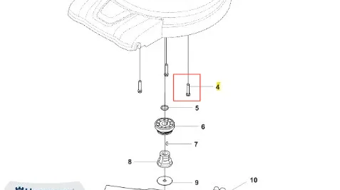 Śruba kosiarki LC 551VQ Husqvarna, metalowa, o cylindrycznym kształcie, umieszczona w detalach schematu montażowego. Widoczna z przodu, w kontekście elementów mechanicznymi. Część z oznaczeniem 4, ważna dla funkcji montażu.