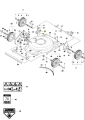 Wspornik uchwytu kosiarki WB 53S firmy Husqvarna, w kolorze czarnym, wykonany z metalu, o okrągłym kształcie. Zestaw elementów z montażami, widok z góry, na białym tle, z oznaczeniami i numeracją części, które są czytelne.
