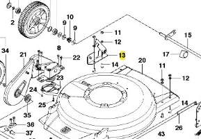 Wspornik uchwytu kosiarki WB 53S, metalowy w kształcie litery L, z precyzyjnymi otworami mocującymi (nr 13), widok z boku na tle schematu innych części, bez dekoracji.