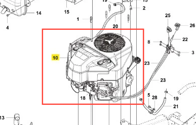 Silnik ridera R418Ts Husqvarna, w pozycji frontalnej, z widocznymi detalami, takimi jak wlot powietrza na górze, przewody oraz elementy mocujące. Całość z opisanymi komponentami; kolor szaro-srebrny, tekstura metalowa, na białym tle.