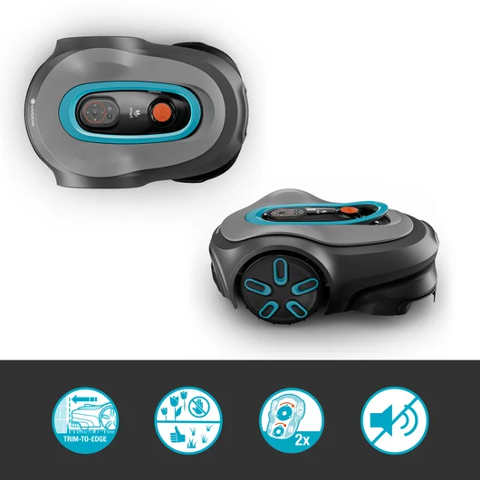 Robot koszący Gardena Sileno SMART 1200 ciemnoszary z niebieskimi akcentami, widoczny przycisk włączania i pokrętło, ujęcie frontalne z boku, ikony funkcji: przycinanie krawędzi i tryb cichy.