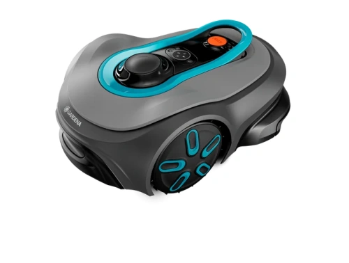 Robot koszący Gardena Sileno SMART Free 600 w szarym kolorze, z niebieskimi detalami. Ujęcie z góry, pokazujące ergonomiczny kształt, przyciski kontrolne oraz napisy. Widoczny detal: koła z wzorem, optimalne dla ruchu po trawie.