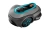 Robot koszący Gardena Sileno SMART Free 600 w szarym kolorze, z niebieskimi detalami. Ujęcie z góry, pokazujące ergonomiczny kształt, przyciski kontrolne oraz napisy. Widoczny detal: koła z wzorem, optimalne dla ruchu po trawie.