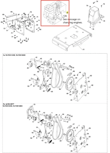 Silnik odśnieżarki ST 330 Husqvarna z przodu, ciemnoszary metalowy, z widocznymi detalami, elementami mocującymi i oznaczeniami numerycznymi, na jednolitym tle dla łatwej identyfikacji.