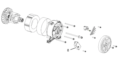 Alternator G3200P Husqvarna, w składzie złożonych części, obejmuje wirnik, stator, obudowę oraz elementy mocujące. Widok z góry na detale konstrukcji, w tym śruby i złącza. Elementy w kolorze srebrnym i czarnym, na białym tle.