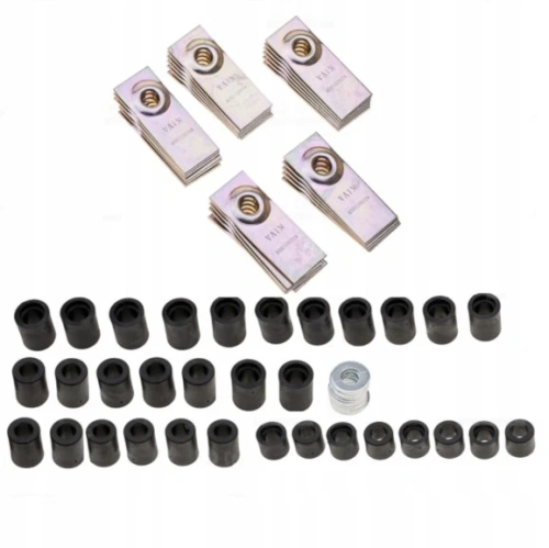 Zestaw naprawczy kz01080002 do wertykulatora S 500 PRO Husqvarna zawiera 4 metalowe klamry z otworami i czarne gumowe mocowania, ułożone na białym tle.