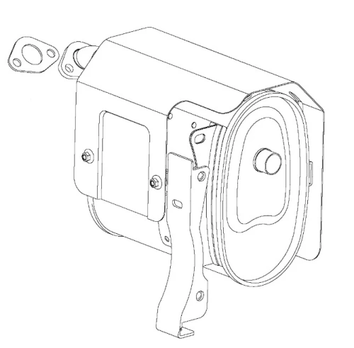 Tłumik generatora G3200P Husqvarna z profilowanym metalowym korpusem. Widoczny z boku, ma okrągłe wyjście na spaliny oraz mocowanie. Na obudowie znajduje się obszar montażowy. Elementy są w kolorze srebrnym, a struktura jest gładka.