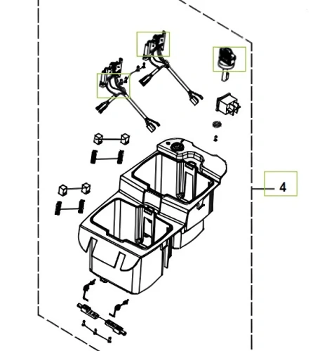 Skrzynka akumulatora wertykulatora Model S 138i bez akumulatora i ładowarki, widok z góry. Elementy metalowe, w tym przewody i mocowania, są rozłożone wokół głównej obudowy. Obudowa ma prostokątny kształt, w kolorze szarym z oznaczeniami.